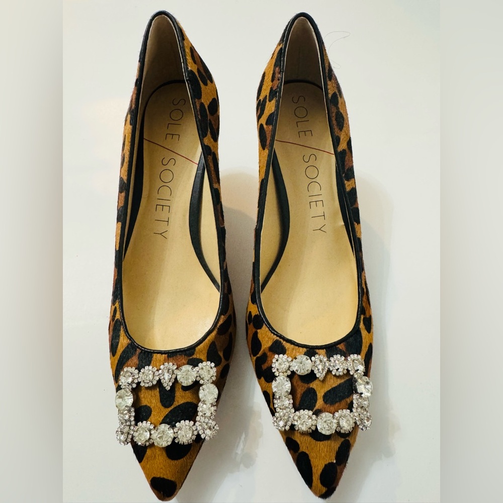 Sole Society Pumps Leopard Print Edilina Real Cow Fur Rhinestone Heels 7.5 NWOB